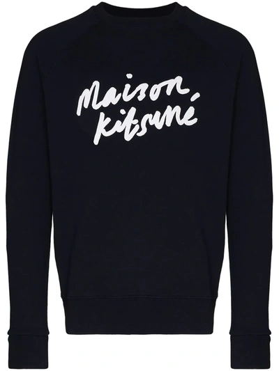 Shop Maison Kitsuné Logo Print Cotton Sweatshirt In Blue
