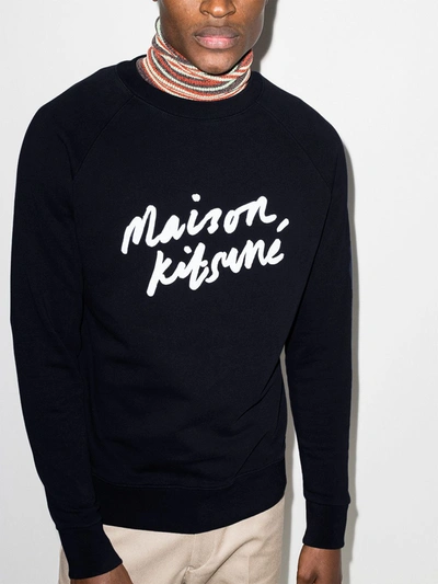 Shop Maison Kitsuné Logo Print Cotton Sweatshirt In Blue
