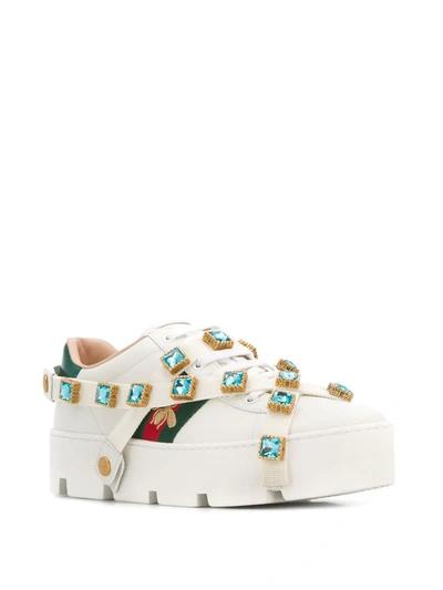 Shop Gucci Crystal Embellished Bee Sneakers In White