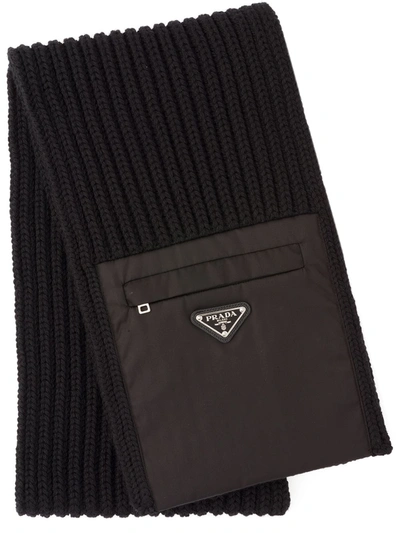 Prada Wool Scarf With Re-nylon Gabardine Pocket In Black