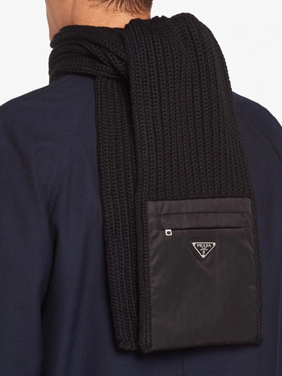 Prada Wool Scarf With Re-nylon Gabardine Pocket In Black