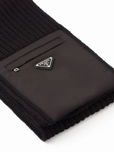 Prada Wool Scarf With Re-nylon Gabardine Pocket In Black