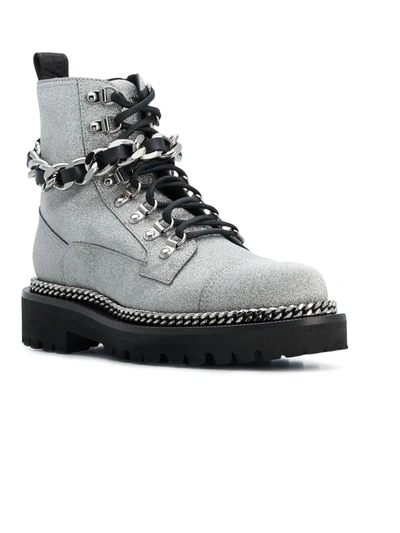 Balmain Chain embellished Glittered Leather Ankle Boots In Silver