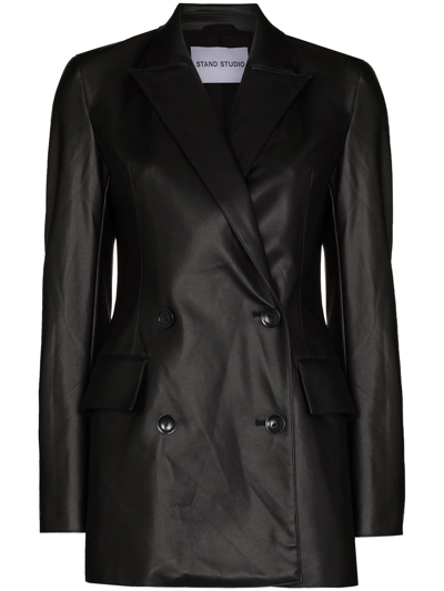 Shop Stand Studio Jodie Double-breasted Faux-leather Blazer In Black