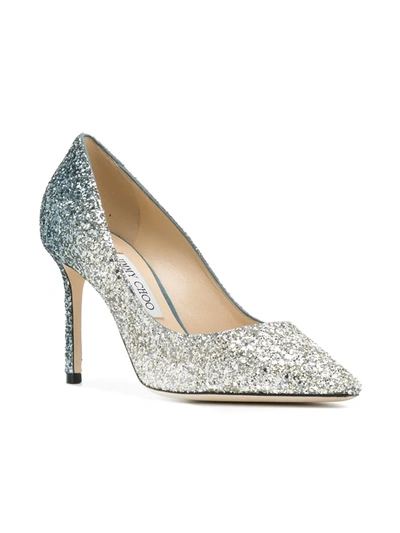 Jimmy Choo Silver And Blue Glitter Romy 85 Pumps In Metallic