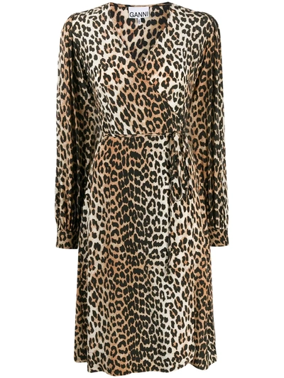 Ganni Leopard Print Long Sleeve Poplin Midi Dress In Brown | ModeSens