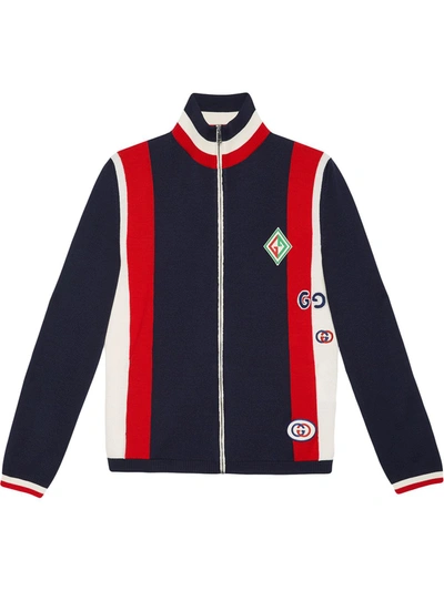 Shop Gucci Wool Knit Bomber Jacket With Patches In Blue