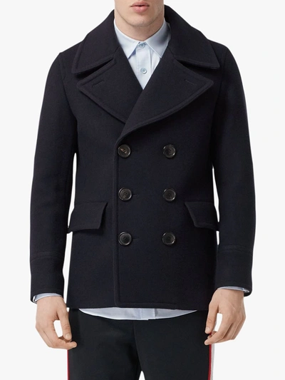 Shop Burberry Wool Blend Pea Coat In Blue