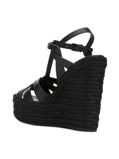 Saint Laurent Jute Wedge Leather Sandals In Black ,black