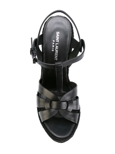 Saint Laurent Jute Wedge Leather Sandals In Black ,black