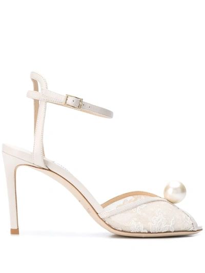 Shop Jimmy Choo Sacora 85mm Pearl-embellished Sandals In Neutrals