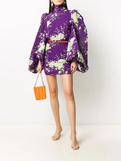 Attico Floral Silk Turtleneck Minidress In Purple