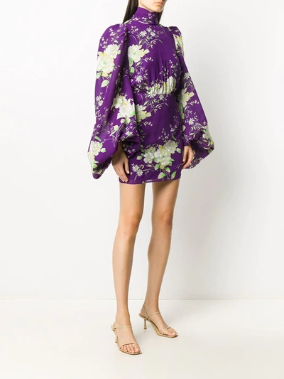 Attico Floral Silk Turtleneck Minidress In Purple