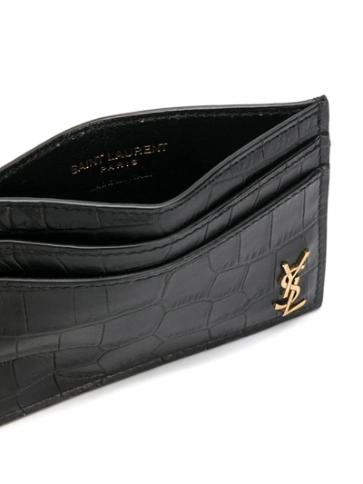 Saint Laurent Men's Ysl Monogram Croc-embossed Card Case In Black