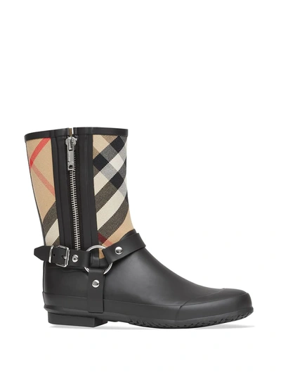 Shop Burberry House-check Strap-detail Rain Boots In Black