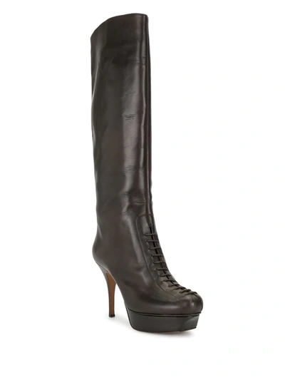 Pre-owned Saint Laurent Lace-up Detail Knee-length Boots In Brown