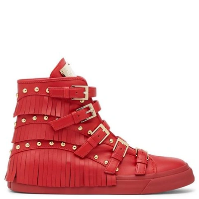 Shop Giuseppe Zanotti - Red Calfskin Leather Sneakers With Fringes Amber