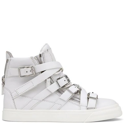 Shop Giuseppe Zanotti - White Calfskin Leather Sneakers With Buckles Happy