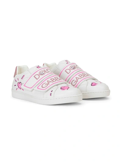 Dolce & Gabbana Hand-painted Pink Calfskin Sneakers In White