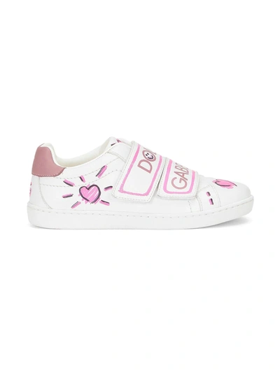 Dolce & Gabbana Hand-painted Pink Calfskin Sneakers In White