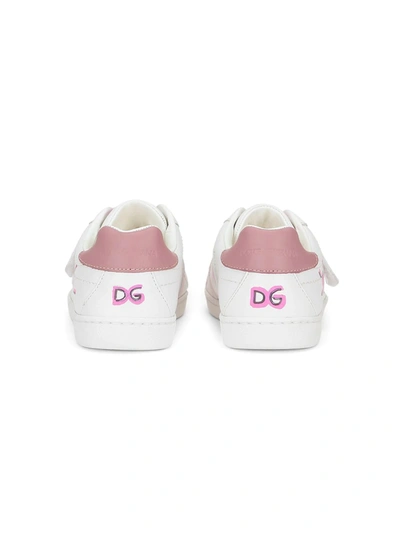 Dolce & Gabbana Hand-painted Pink Calfskin Sneakers In White