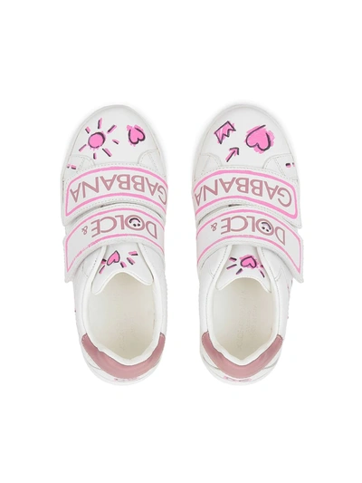 Dolce & Gabbana Hand-painted Pink Calfskin Sneakers In White