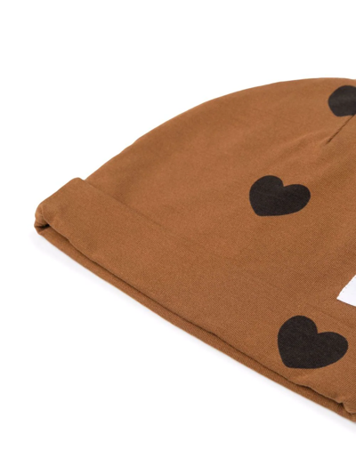 Shop Mini Rodini Heart-print Knitted Beanie In Brown