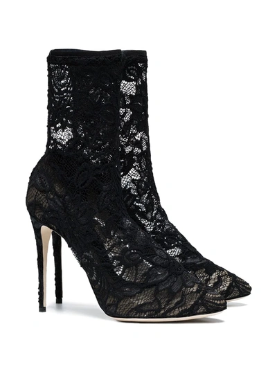 Dolce & Gabbana Black Ankle Boot In Stretch Lace And Gros Grain In Black