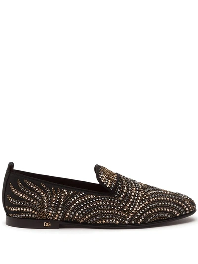 Shop Dolce & Gabbana Crystal-embellished Velvet Slippers In Black