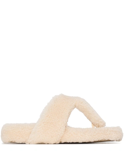 Aquazzura Relax Flat Footbed Shearling Slides In White