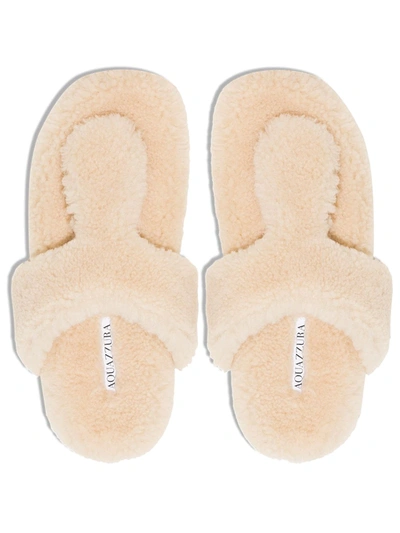 Aquazzura Relax Flat Footbed Shearling Slides In White