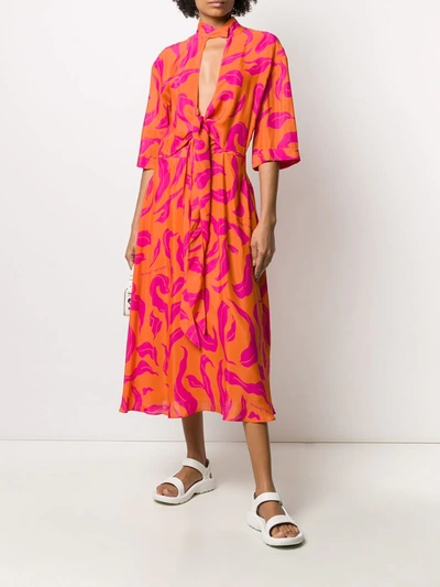 Off-white Leaf Print Plung Dress In Orange