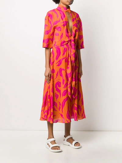 Off-white Leaf Print Plung Dress In Orange
