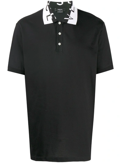 Shop Versace Jacquard Logo Collar Polo Shirt In Black