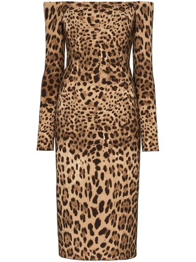 Shop Dolce & Gabbana Off-the-shoulder Leopard Print Midi Dress In Brown