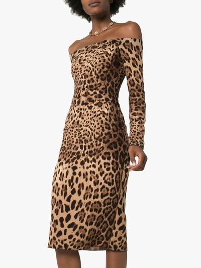 Shop Dolce & Gabbana Off-the-shoulder Leopard Print Midi Dress In Brown