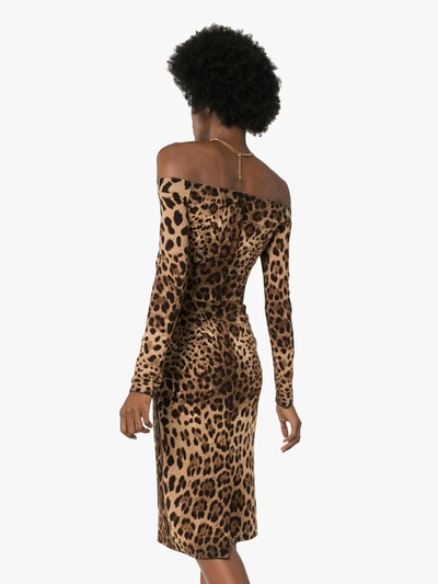 Shop Dolce & Gabbana Off-the-shoulder Leopard Print Midi Dress In Brown