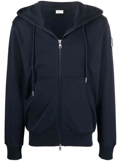 Shop Moncler Drawstring Zipped Hoodie In 蓝色