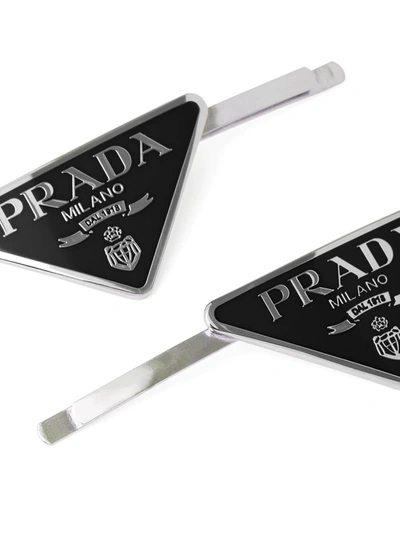 Shop Prada Triangle-logo Hair Clips (set Of Two) In Black