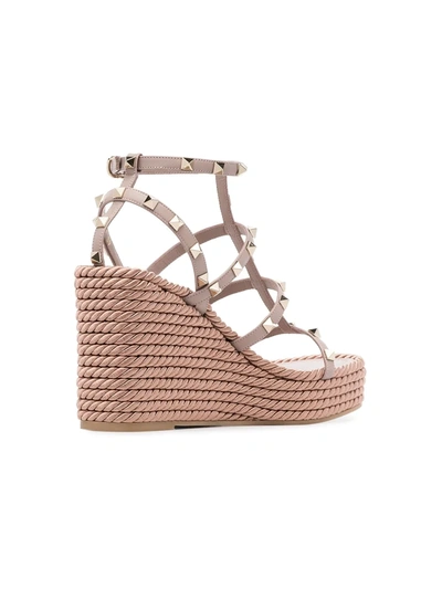 Valentino Garavani Rockstud Ankle Strap Wedge Sandal In Calfskin Leather 95 Mm Woman Skin 41 In Neutral