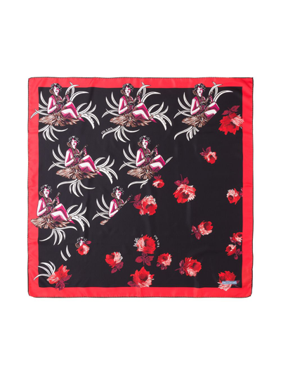 Prada Hawaii And Rose Print Scarf In Black