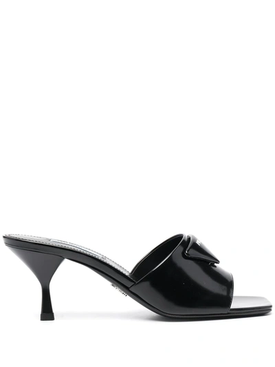 Shop Prada Logo Plaque Mid-heel Mules In Black