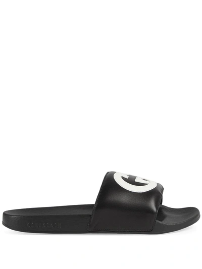 Shop Gucci Interlocking G Logo Slides In Black