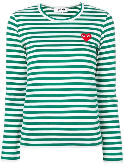 Shop Comme Des Garçons Play Striped Logo-patch T-shirt In Green