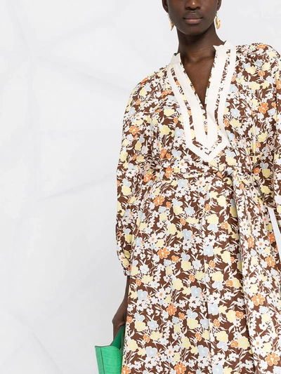 Tory Burch Grosgrain-trimmed Floral-print Cotton Midi Dress In Brown |  ModeSens