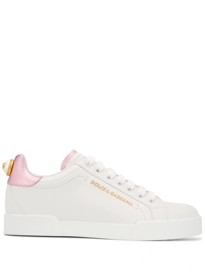 Dolce & Gabbana Portofino Leather Low-top Sneakers With Lateral Lettering Logo In White