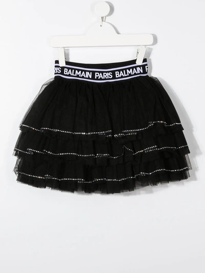Shop Balmain Tiered Tulle Mini Skirt In Black