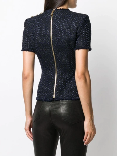 Balmain Three Button Shoulder Tweed Top In Blue