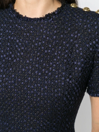 Balmain Three Button Shoulder Tweed Top In Blue