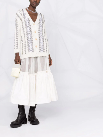 Valentino Sequin-embellished Logo Cable-knit Wool Cardigan Sweater In White
